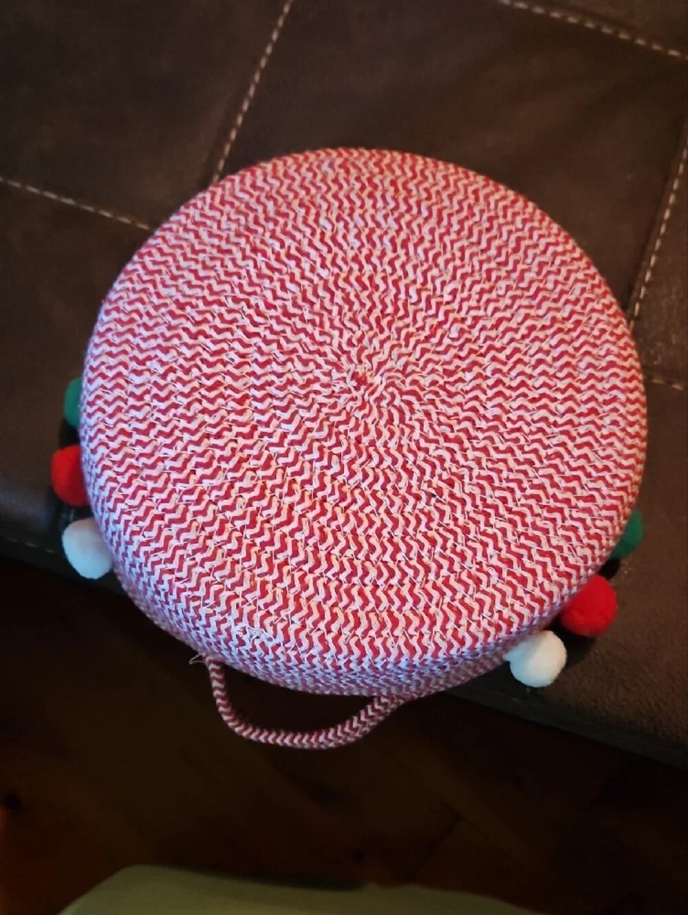 Red Woven Rope Basket with Pom-Pom Trim